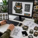 A designer engineering a 3D tactical cat mascot artwork on a monitor, surrounded by dimensional technical spec sheets, Pantone color references, and physical finished soft PVC morale patches on the desk.
