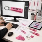 A designer engineering a vector blueprint for a custom pink 'MOVIE' silicone wristband keychain on a desktop monitor, surrounded by Pantone color swatches, technical drawings, and physical product samples.