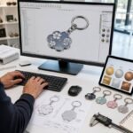 A designer engineering custom metal keychain blueprints on a BenQ monitor with physical sample keychains, color charts, and digital calipers on the desk.