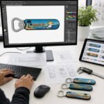 A designer engineering a vector artwork for a 'Surf's Up California' soft PVC bottle opener on a desktop screen, surrounded by technical blueprint drawings, digital calipers, color previews, and physical product samples.