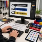 A designer engineering a vector blueprint for a 'PROMAT' woven wristlet keychain on a BenQ monitor, surrounded by Pantone color swatches, technical specifications, raw webbing rolls, and physical product samples.