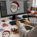A designer digitizing a 3D Santa Claus chenille patch artwork on a computer monitor, surrounded by chenille yarn skeins, technical spec sheets, and physical Christmas-themed plush patches.