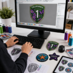 A designer creating digitized "California 1" highway crest embroidery artwork on a monitor, surrounded by thread spools, Pantone color charts, vector spec sheets, and physical embroidered patches.