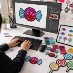 A designer rendering a colorful candy-shaped sequin patch design on a computer monitor, surrounded by vector spec blueprints, sequin color sample trays, and physical sequin patch samples on the desk.
