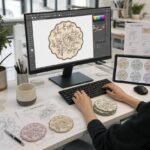A graphic designer creating a botanical floral artwork for a custom scalloped PVC coaster on a computer monitor, surrounded by technical blueprint sketches, color reference samples, and physical prototypes on the desk.
