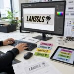 A graphic designer engineering a LANSSLS palm tree vector brand artwork for a custom woven clothing label on a desktop screen, surrounded by technical spec sheets, fabric rolls, and color physical label samples.