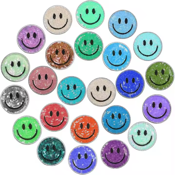 Sequin Smiley Face Embroidered Patch DIY Garment Decorative Appliqué Assorted colorful round smiley face sequin embroidered patches featuring double-sided reversible sequins that shift color with a gentle swipe; classic minimalist smiley design with color-matched merrowed edges, backed with heat-seal adhesive for creative DIY embellishment on t-shirts, jeans, hats or backpacks.