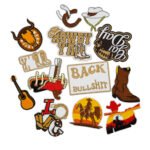 Set of vintage American Western themed embroidered patches featuring iconic motifs including a longhorn skull, cowboy boots, lasso and "HOWDY Y'ALL" text; rendered in sepia, cream and black with zigzag merrowed edges, ideal for personalized embellishment on denim jackets, jeans, backpacks or cowboy hats.