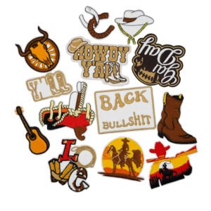 Set of vintage American Western themed embroidered patches featuring iconic motifs including a longhorn skull, cowboy boots, lasso and "HOWDY Y'ALL" text; rendered in sepia, cream and black with zigzag merrowed edges, ideal for personalized embellishment on denim jackets, jeans, backpacks or cowboy hats.