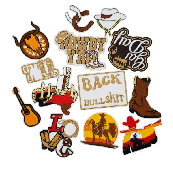 Set of vintage American Western themed embroidered patches featuring iconic motifs including a longhorn skull, cowboy boots, lasso and "HOWDY Y'ALL" text; rendered in sepia, cream and black with zigzag merrowed edges, ideal for personalized embellishment on denim jackets, jeans, backpacks or cowboy hats.