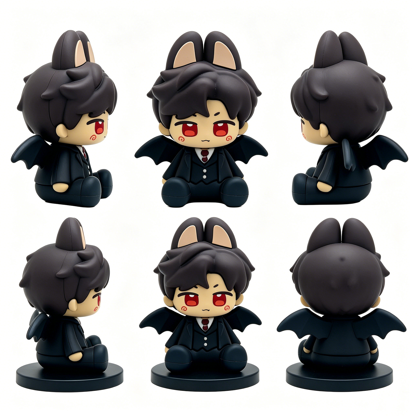 Front, side and rear views of a black bat-winged character charm for custom 3D PVC keychains