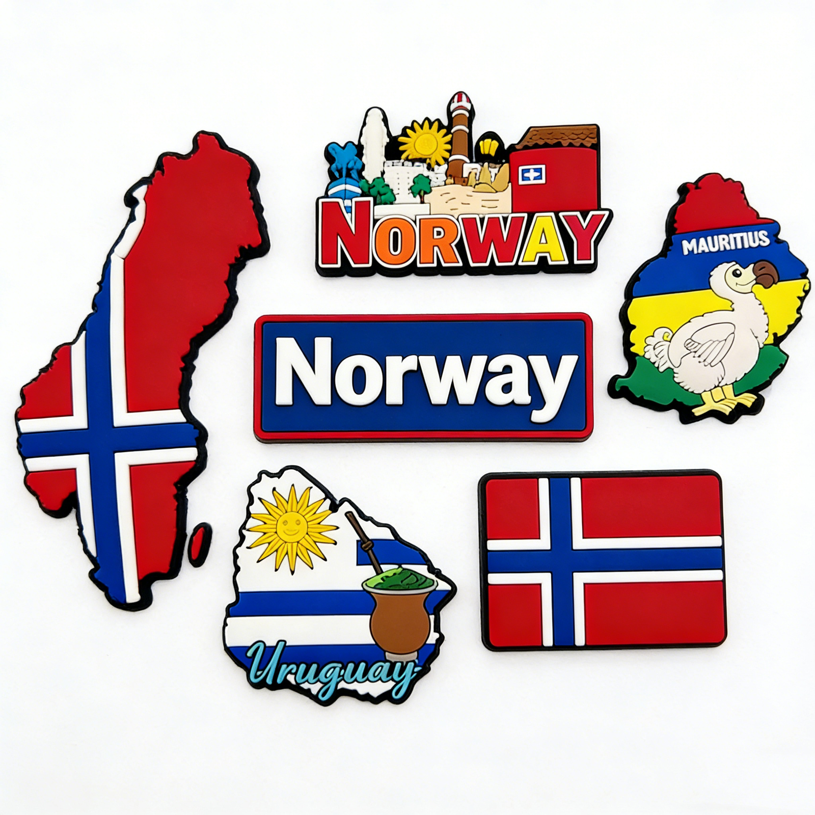 Custom PVC souvenir fridge magnets featuring Norway, Mauritius and Uruguay designs