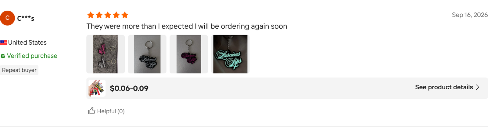 Original five-star Alibaba.com review from C***s in the United States, 16 September 2026, with buyer photos.