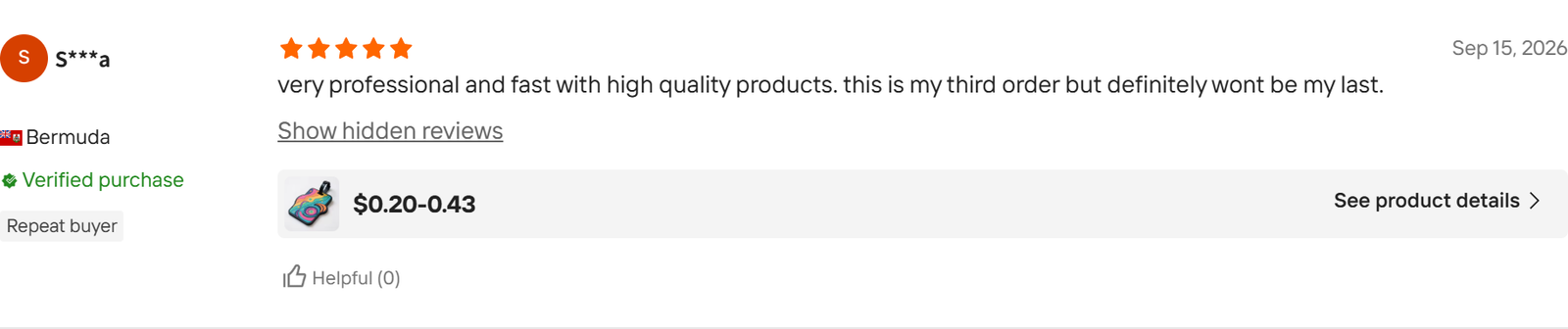Original five-star Alibaba.com review from S***a in Bermuda, 15 September 2026, describing a third order.