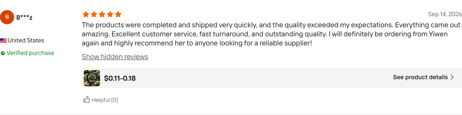 Original five-star Alibaba.com review from B***z in the United States, 14 September 2026, discussing quality, service and turnaround.