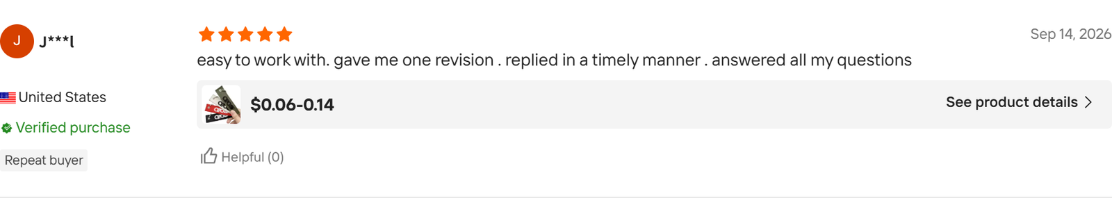 Original five-star Alibaba.com review from J***l in the United States, 14 September 2026, discussing communication and design revision.