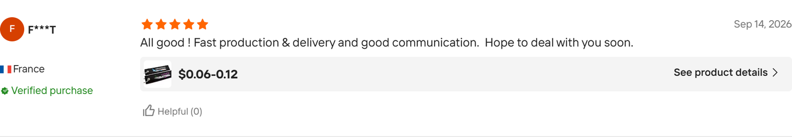 Original five-star Alibaba.com review from F***T in France, 14 September 2026, discussing production, delivery and communication.