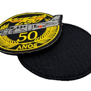 Close-up of a custom embroidered aviation patch with black hook-and-loop backing