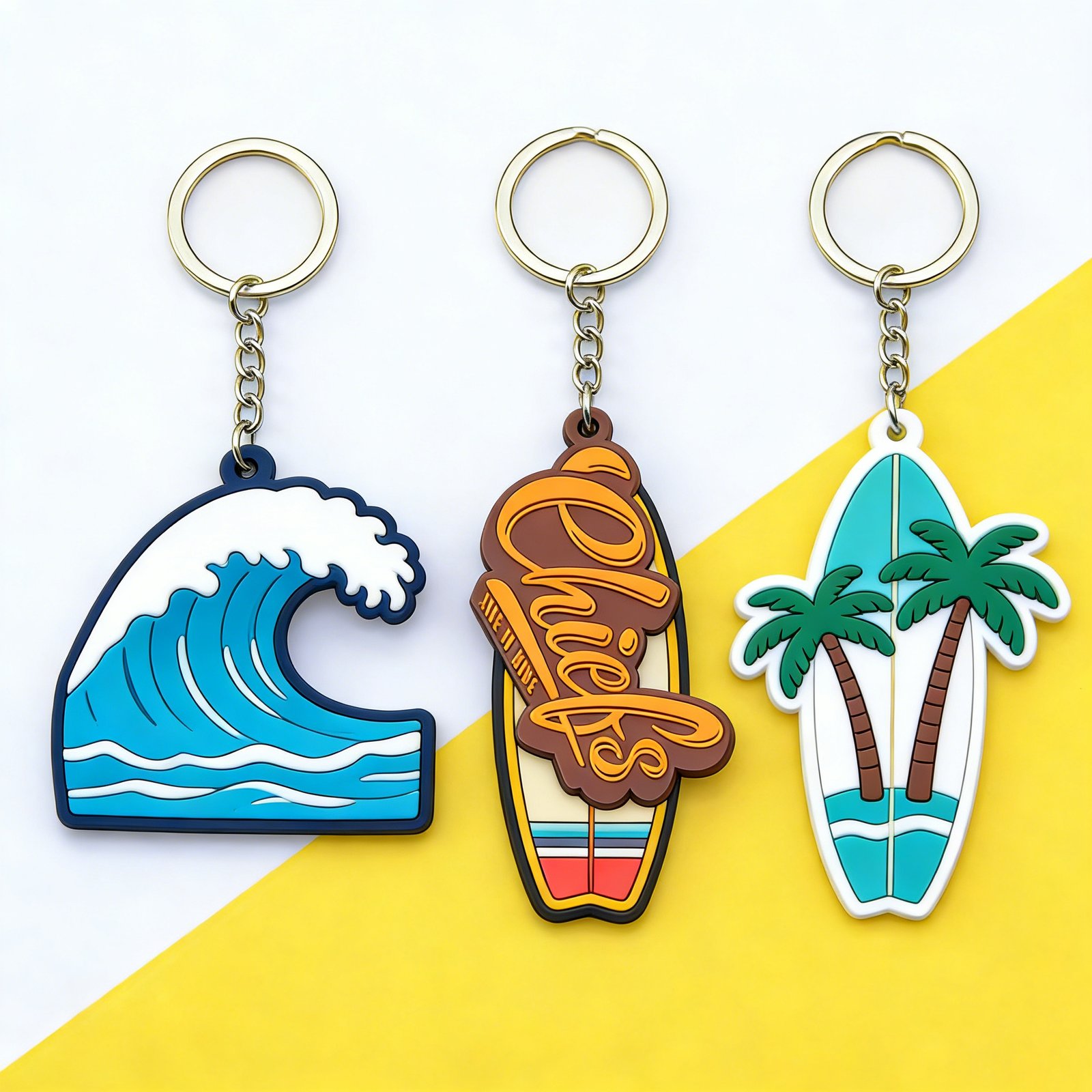 Three custom PVC keychains showing outlined wave, surfboard and palm tree designs