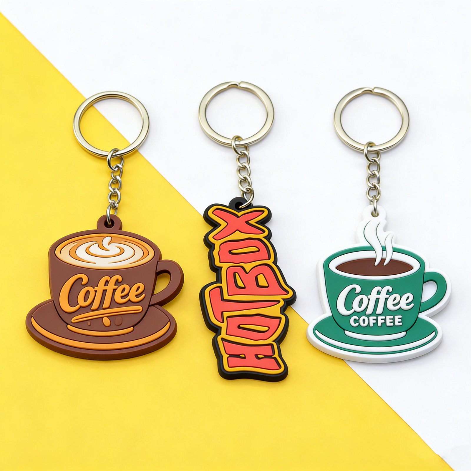 Coffee-themed custom PVC keychains with layered lettering and color blocks