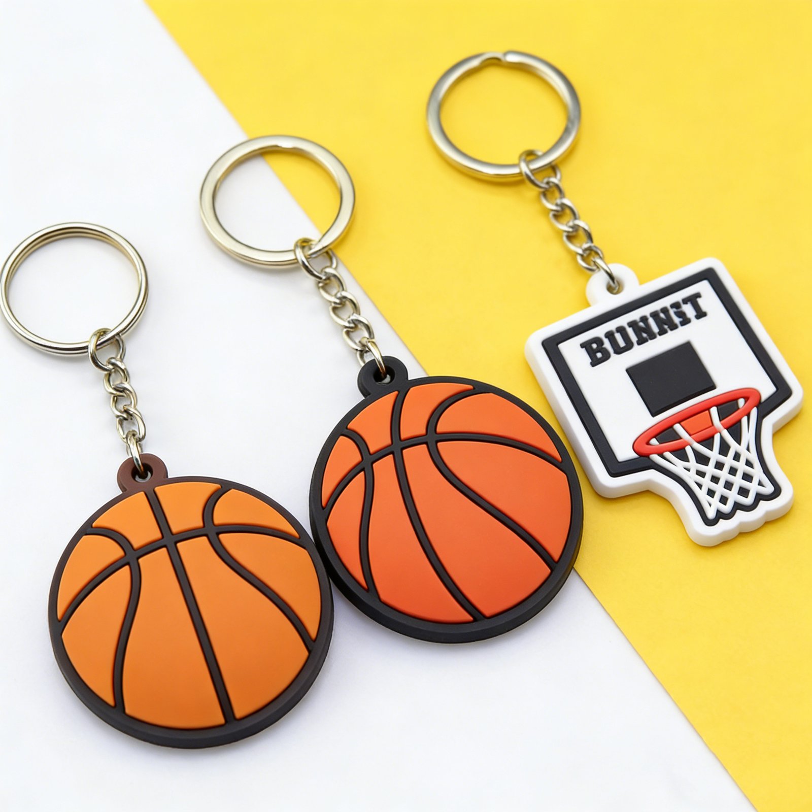 Basketball-themed custom PVC keychains with molded line and color detail