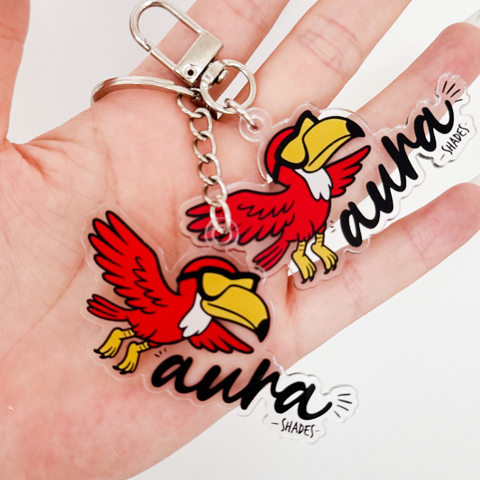 Printed acrylic keychain detail with clear edge finish